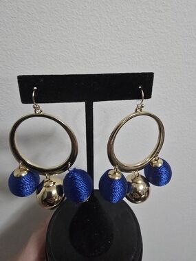 Gold Hoop Earrings with Royal Blue Satin Beads
